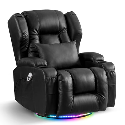 TUNYI Power Recliner Chair, Swivel Rocker Recliner Chair with Massage & Heat Faux Leather Home Theater Seating Rocker Reclining Chair for Living Room with LED Light/USB Port/Lumbar Pillow (Black)