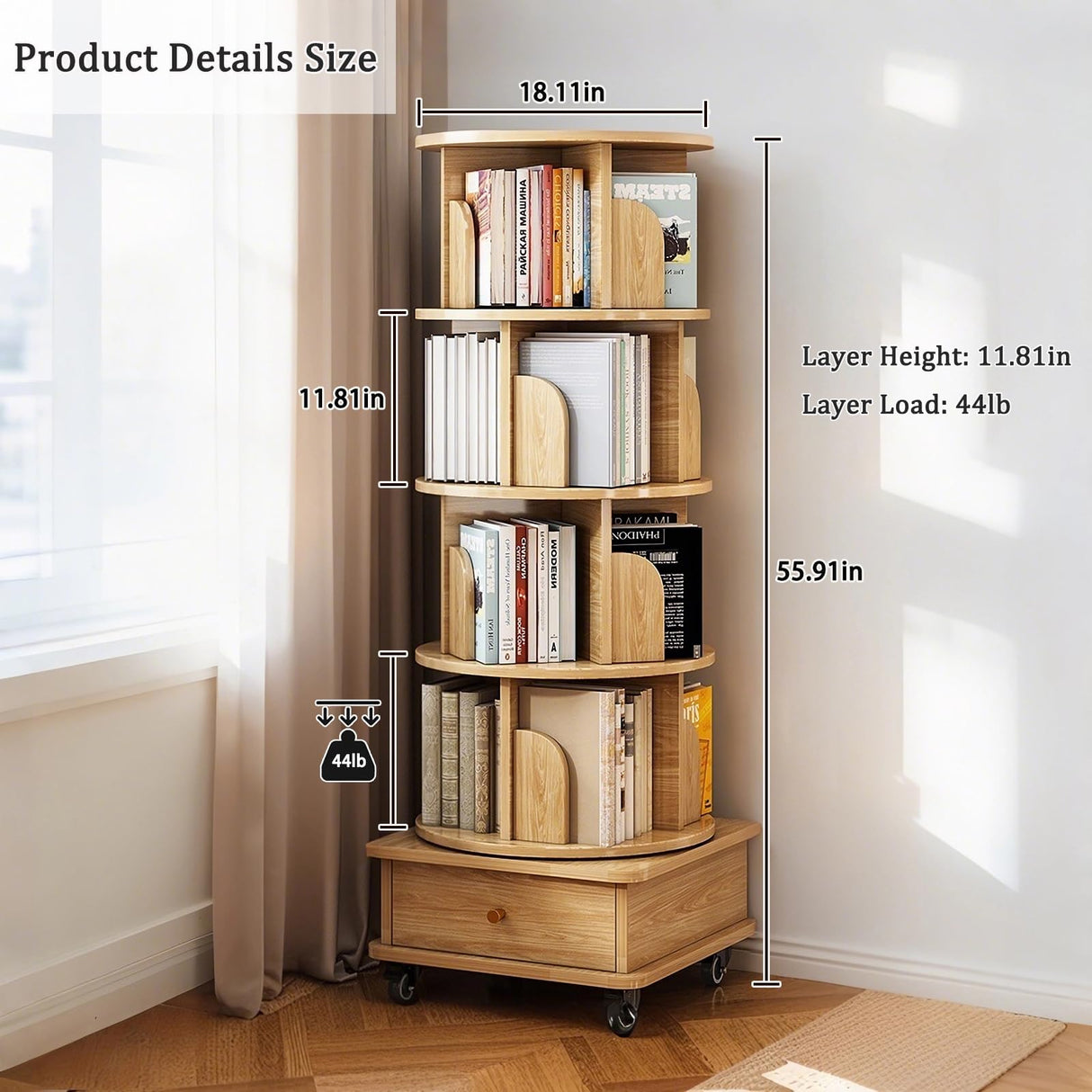 Merax 5 Tier Rotating Bookshelf, 360°Display Round Spinning Bookcase with Wheels, Small Space Book Case Tower for Bedroom Living Room Home Office,Wood Color Merax