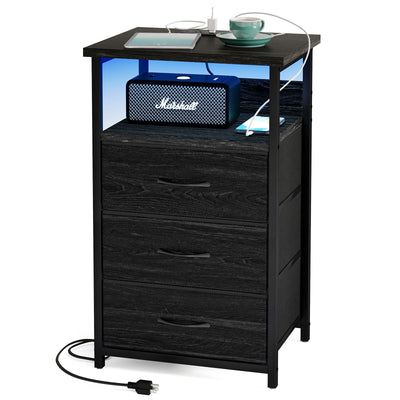 Fixwal Night Stand with Charging Station, LED Nightstand with Fabric Drawers, End Table with PU Finish, Bed Side Table, Black Oak