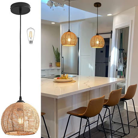 AyshwillDec Mini Hemp Rope Woven Pendant Light Woven Light Fixture Boho Chandelier Light Fixture Wicker Pendant Light Rattan Light Pendant Dome Wicker Chandelier for Bedroom Kitchen Island(Bulb Incl.) AyshwillDec