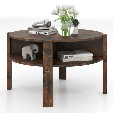 Giantex Round Coffee Table, 2-Tier Mid Century Modern Tea Cocktail Table with Storage Shelves & 4 Side Compartments, Wood Center Table for Living Room, Small Spaces (Rustic Brown) Giantex