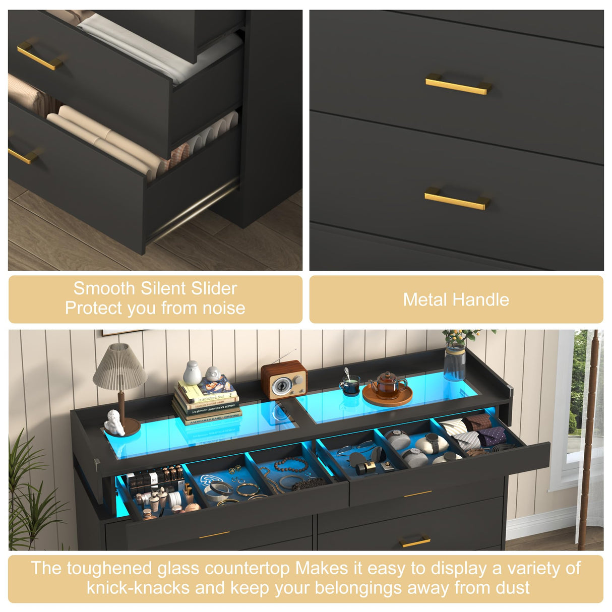 Hlivelood 59''W Long Wooden 8 Drawer Dresser for Bedroom with Glass Tabletop,Modern Wide 6 Chest of Drawers & 2 Jewelry Drawers,LED Light,Charging Station,Tall Storage Dresser for Bedroom,Black Hlivelood