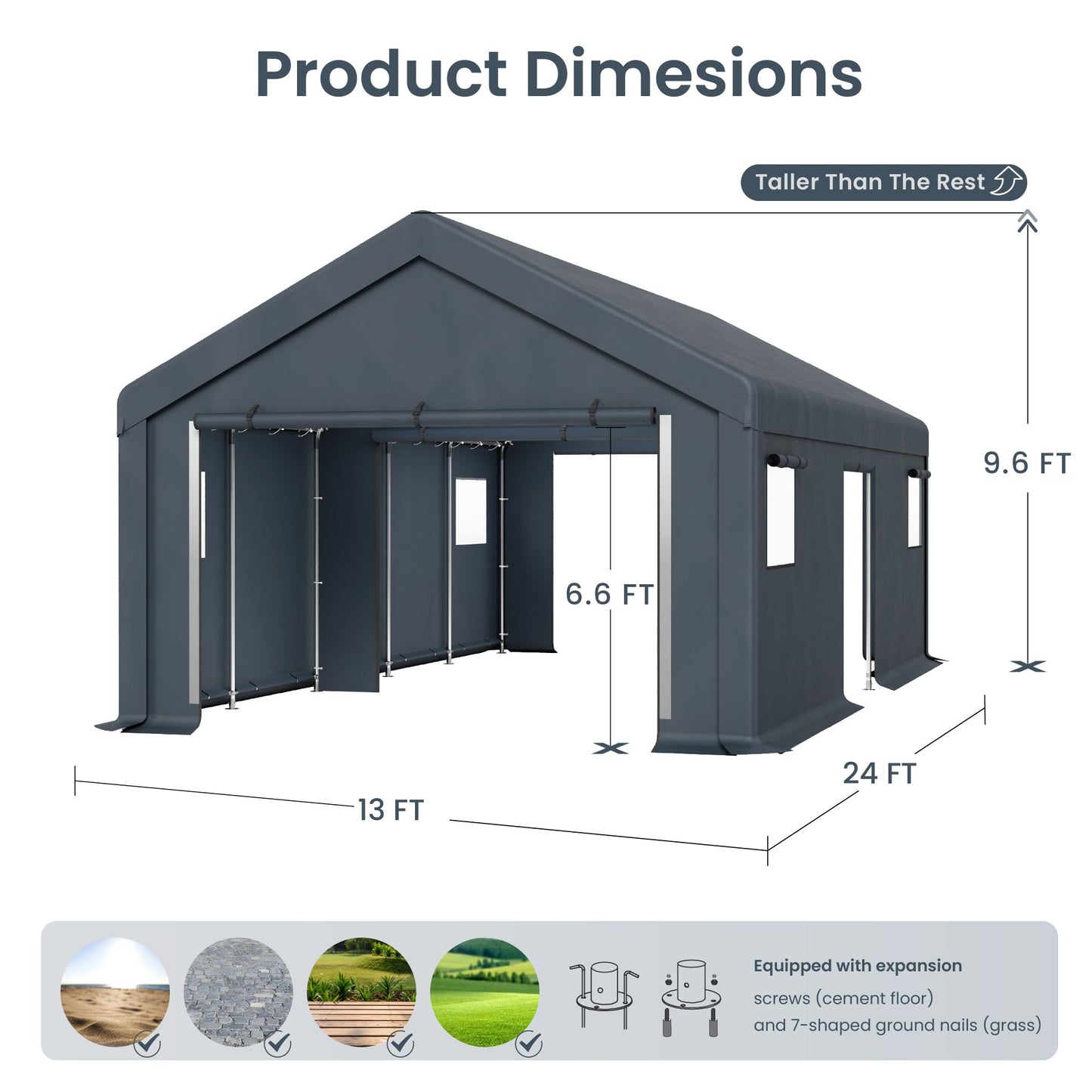 PHI VILLA 13'x24'x9.6' Outdoor Portable Storage Shelter Shed Garage with Roll up Zipper Doors & Vents Carport for Motorcycle Waterproof and UV Resistant Anti-Snow Portable Garage Kit Tent, Gr - WoodArtSupply