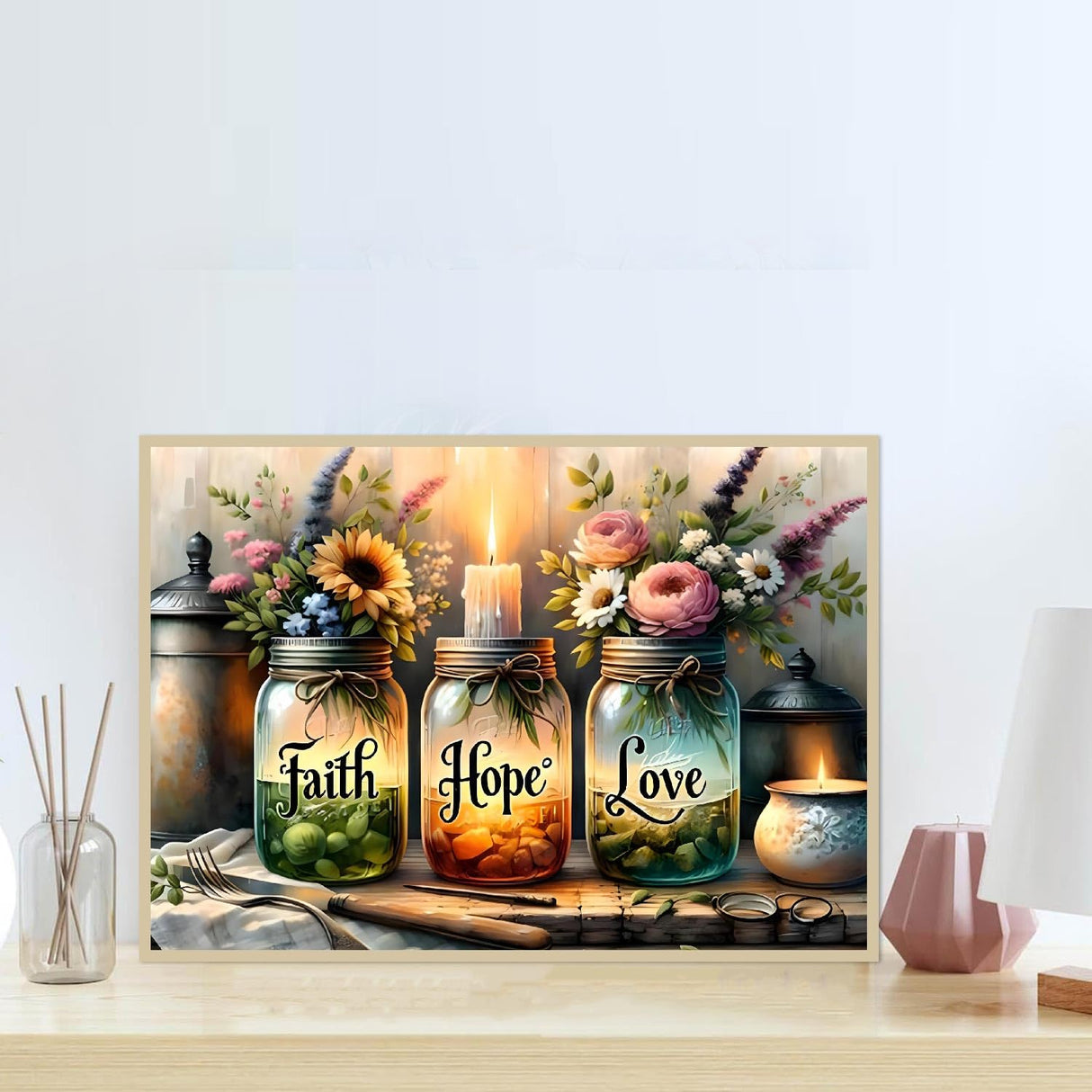 5D Diamond Painting Kits for Adults, Faith, Hope, Love Wishing Bottle Diamond Art kit for Adults Beginner, DIY Full Drill Diamond Dots with Diamond Gem Art and Crafts for Home Wall Decor 16 x 12 Inch Fotasmua