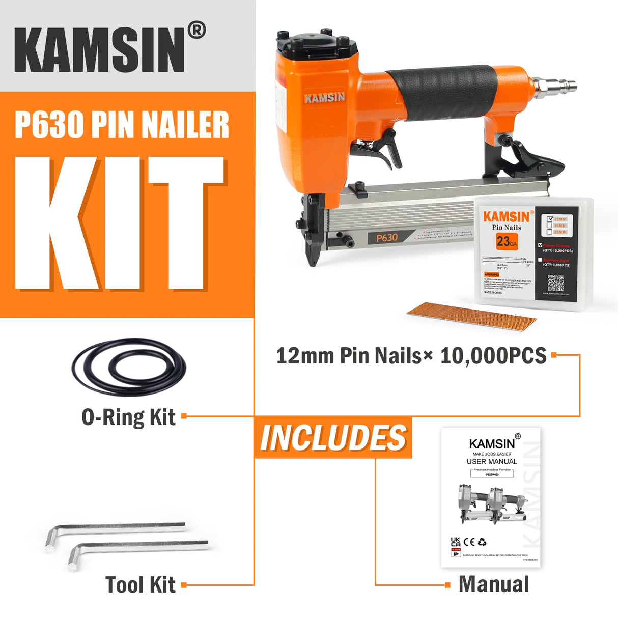 KAMSIN P630 23 Gauge Pneumatic Headless Pin Nailer Kit With 10,000PCS Pin Nails, 1/2-Inch to 1-3/16-Inch Leg Length, Air Power Micro Pinner With Safety For Furniture, Cabinets, Interior Decoration KAMSIN