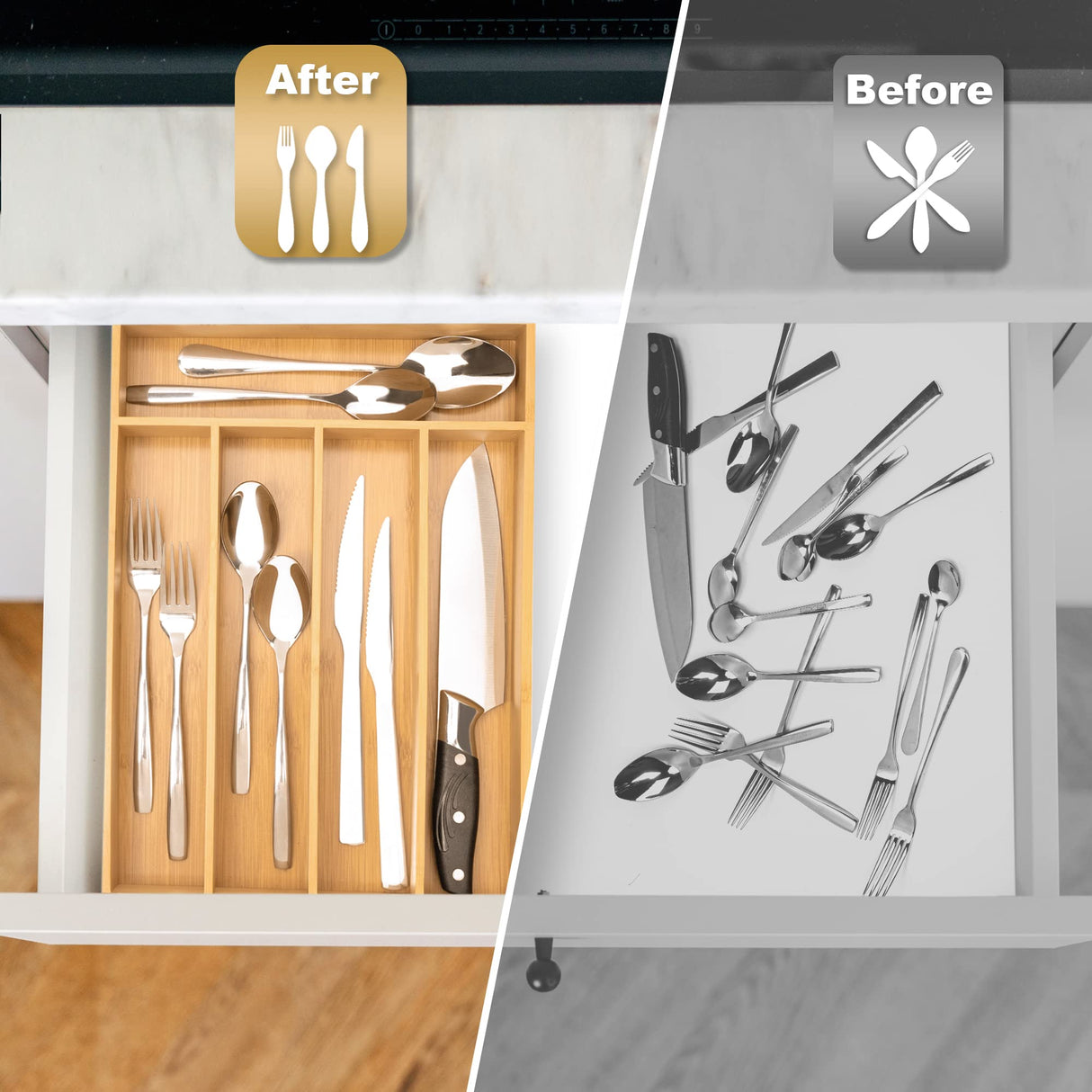 Besilord Silverware Organizer Kitchen Drawer Organizer Utensil Organizer Bamboo Silverware Holder Cutlery Organizer in Drawer Flatware Organizer Tray(5 slots, Natural Besilord