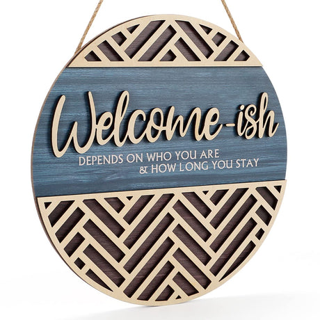 IARTTOP 3D Welcome Hanging Sign Plaque for Front Door Wall Decor, Funny Welcome-ish Wooden Hanger (12''x 12''), Rustic Minimalist Outdoor Wood Wall Art for Farmhouse Porch or Entryway Home Decor IARTTOP