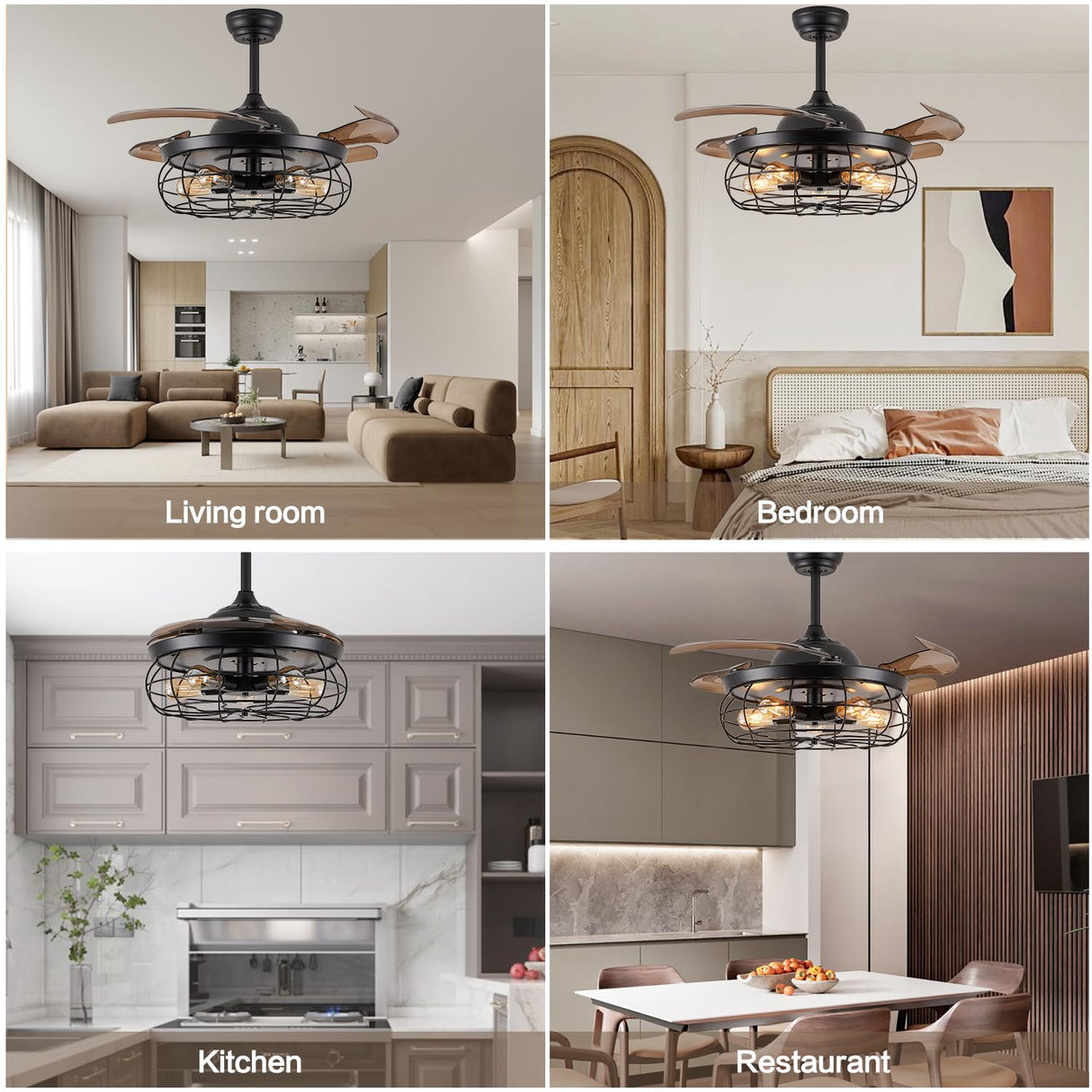 DuMaiWay 36" Caged Ceiling Fan with Lights, Industrial Retro Ceiling Fans with Remote Controller Vintage Style for Farmhouse/Living Room/Bedroom/Restaurant 5 Lights 4 Fan Blades Black DuMaiWay