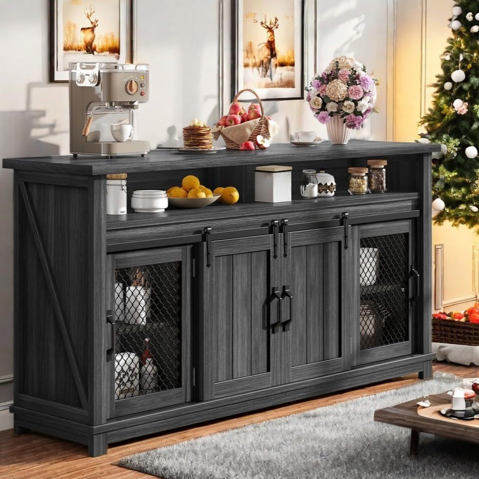 YITAHOME Farmhouse Sideboard Buffet Cabinet, 63" Farmhouse Storage Cabinet with Sliding Barn Doors and Visual Grid Doors, Coffee Bar Cabinet for Kitchen & Living Room, Dark Grey YITAHOME
