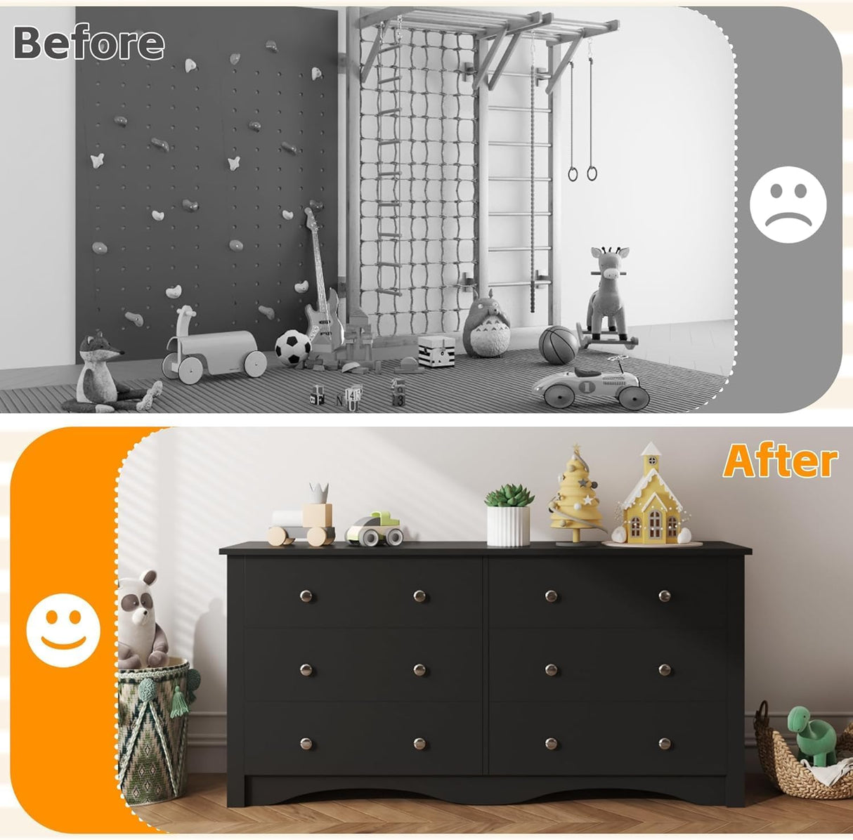 Furmax 6 Wood Drawers Dresser for Bedroom, Double Dresser for TV up to 65 inch, TV Stand Storage Chest of Drawers for Living Room Hallway Entryway (Black) Furmax