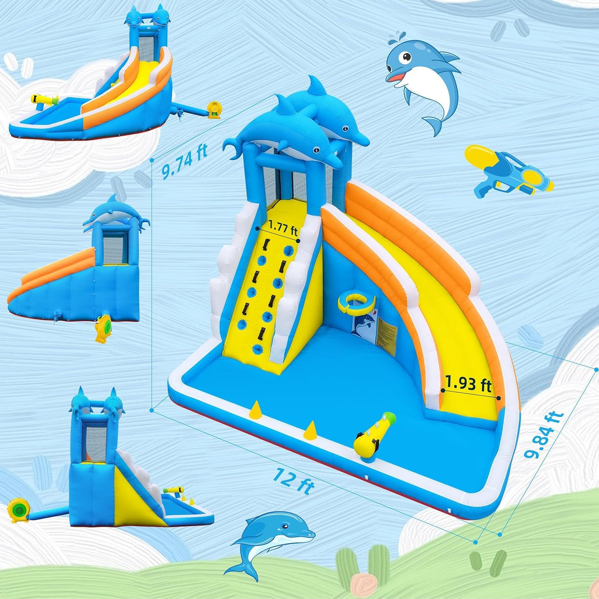 TOAOB Inflatable Water Slide,5 in 1 Dolphin Inflatable Bounce House for Kids- Climbing Wall Splash Pool Water Cannon Basketball Rim - 480W Blower - for Indoor Outdoor Backyard Birthday Party TOAOB
