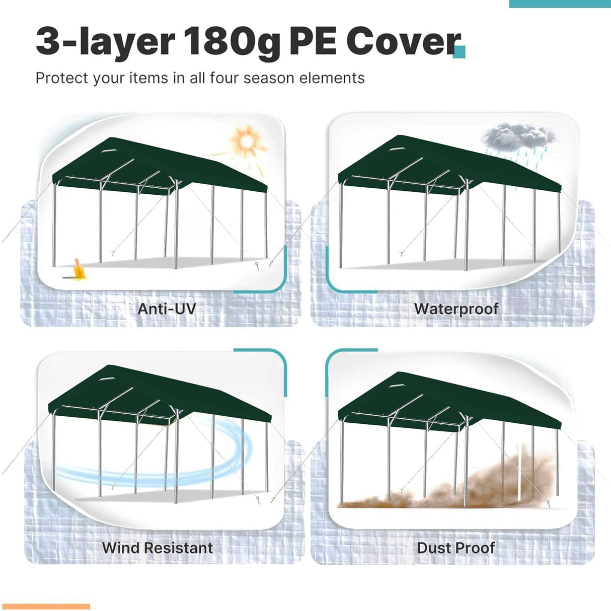 FORALEBEN Carport Replacement Canopy Cover for 10' x 20' Car Tent Top Garage Shelter Cover Tarp with Ball Bungees (Only Top Cover, Frame Not Include) Green FORALEBEN