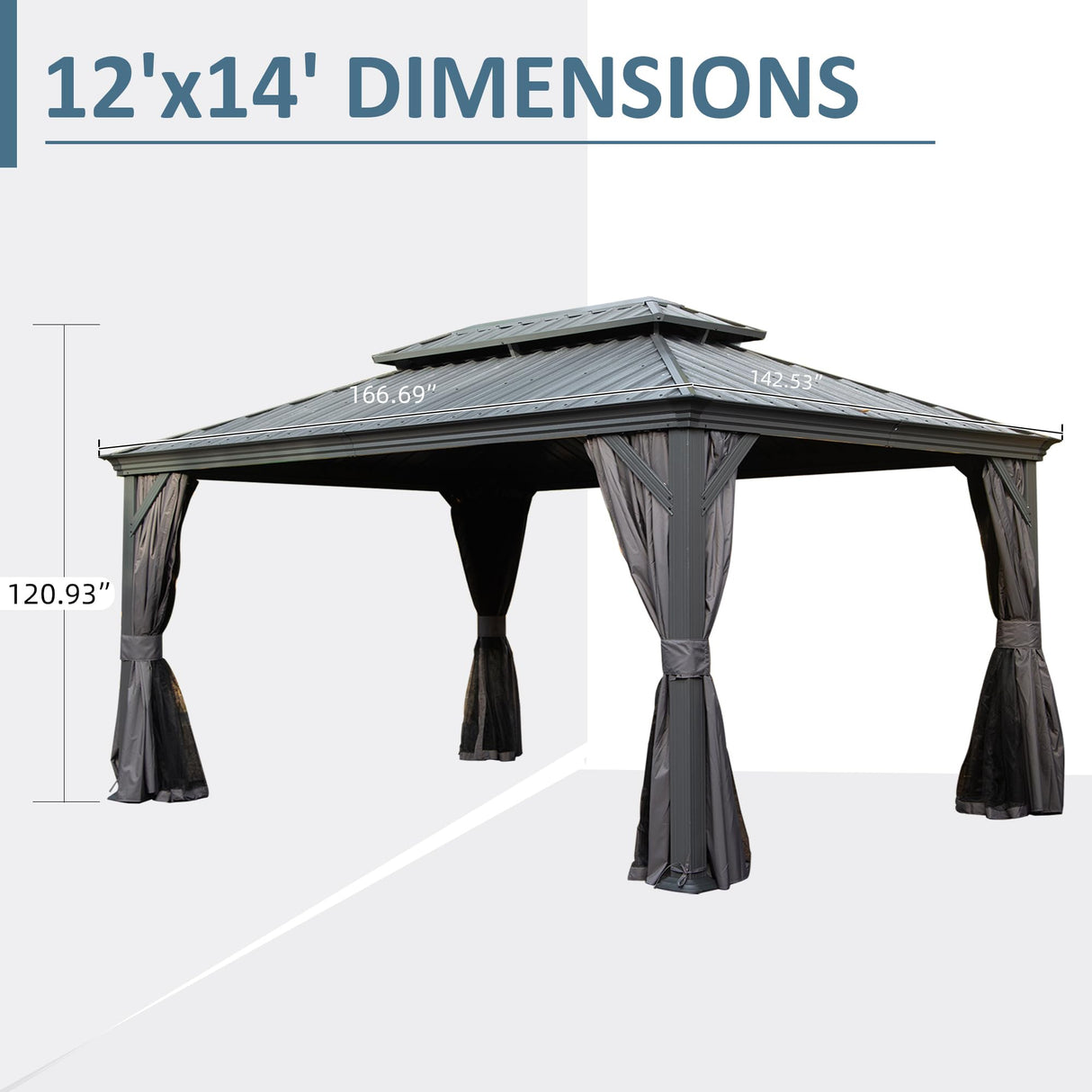 Domi 12' X 14' Hardtop Gazebo, Upgraded Metal Gazebo with Drainage System, Dual-Layer Galvanized Steel Roof, Curtain and Netting, Outdoor Shelter Canopy for Patio, Garden, and Backyard, Grey domi outdoor living