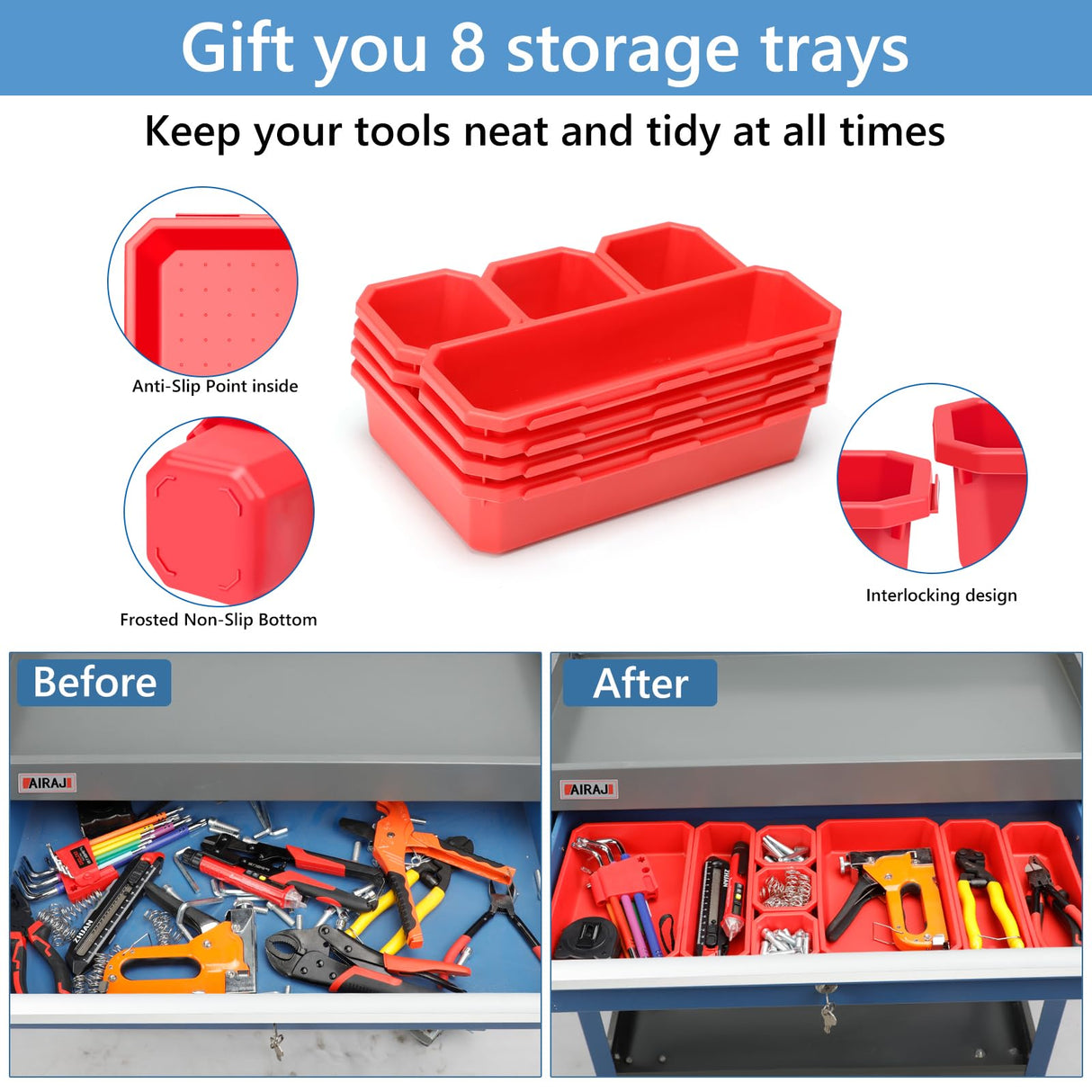 AIRAJ 3 Tier Rolling Tool Cart,Mechanic Tool Cart on Wheels,Industrial Utility Cart with Drawers and Pegboard,440 LBS Capacity Tool Storage Cart for Garage,Warehouse,Blue AIRAJ