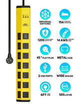 CRST 6-Outlet Heavy Duty Power Strip with USB and Individual Switches, 1200 Joules Metal Mountable Surge Protector Power Strip 15A Circuit Breaker, 6FT Extension Cord for Garage, Workshop, Home CRST