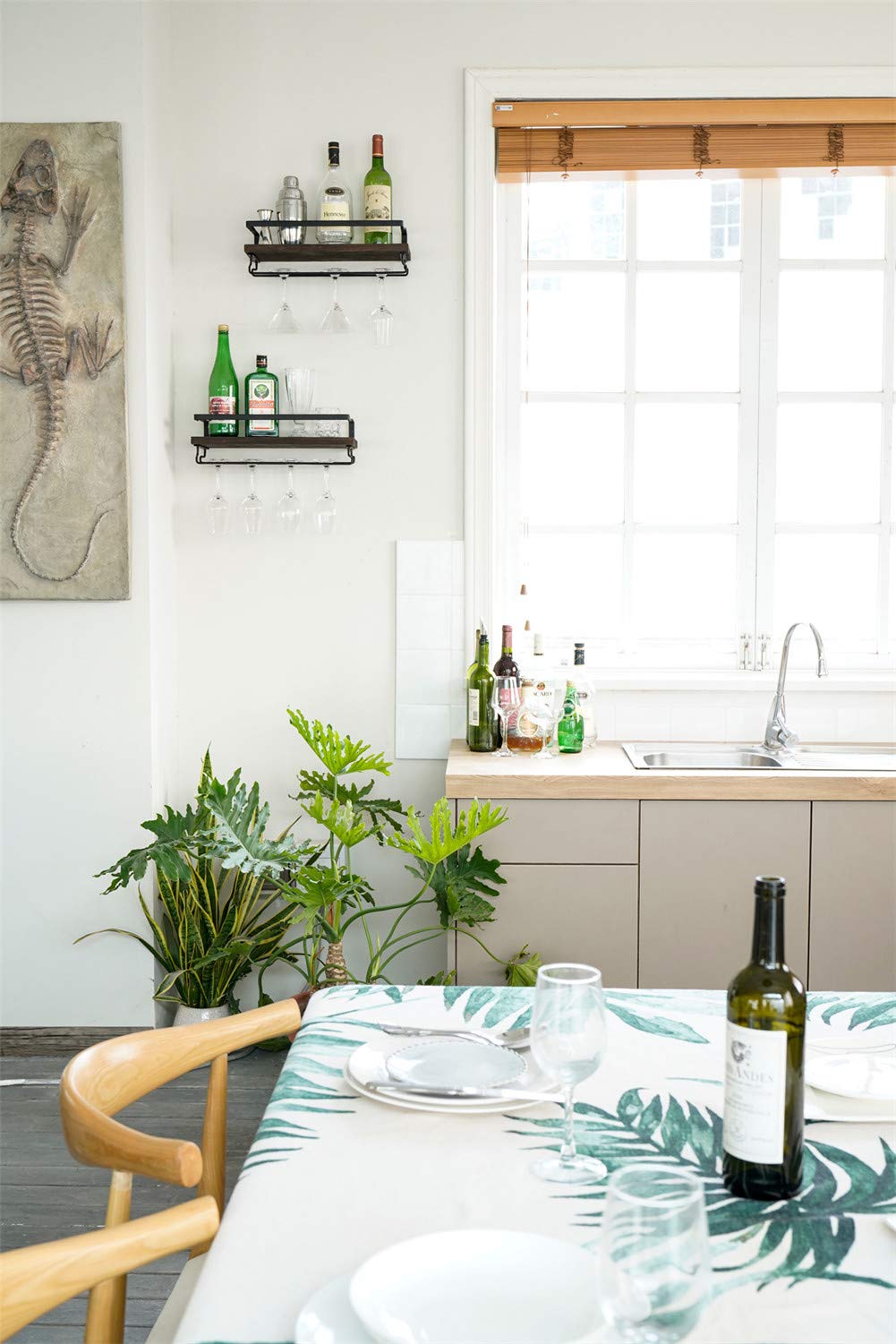 Mkono Wall Mounted Wine Rack Set of 2 Wood Rustic Wine Bottle Glass Floating Shelves with Stemware Hanger Modern Plants Photos Wine Display Storage Holder for Kitchen Dining Room Bar, 17 Inch Mkono