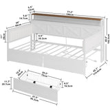 IRONCK Twin Size Daybed with Storage Drawers, Sturdy Metal Bed Frame with X-Shaped Headboard and Charging Station, Upholstered Farmhouse Daybed for Living Room, Bedroom, and Guest Room, White/Walnut IRONCK