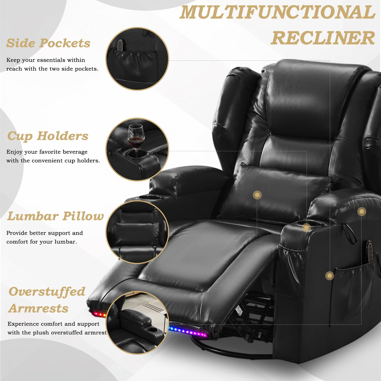 DRMBOOK Leather Rocker Recliner Chairs for Adults, 360° Swivel Rocking Theater Seating with Heat and Massage, Oversized Single Sofa with Led Lights for Living Room (Black,Single Chair) DRMBOOK