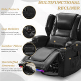 DRMBOOK Leather Rocker Recliner Chairs for Adults, 360° Swivel Rocking Theater Seating with Heat and Massage, Oversized Single Sofa with Led Lights for Living Room (Black,Single Chair) DRMBOOK