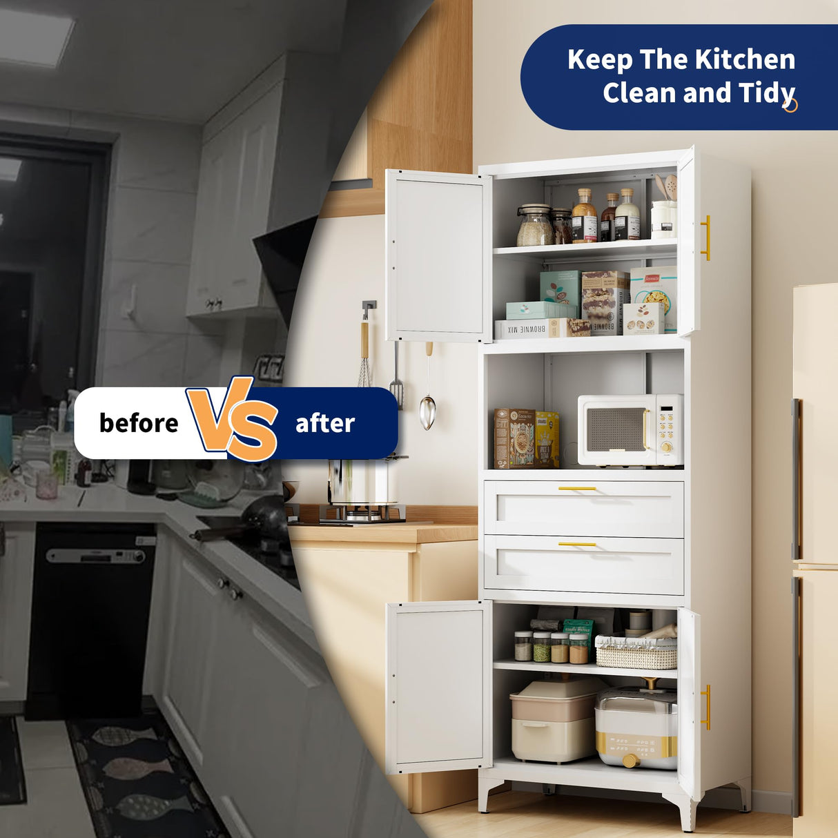 ZLBRDS 75” Tall Kitchen Pantry Storage Cabinet, Metal Storage Cabinet with 2 Drawers and Adjustable Shelves, Bathroom Storage Cabinet with Open Compartments, Freestanding Cupboard for Kitchen (White) ZLBRDS