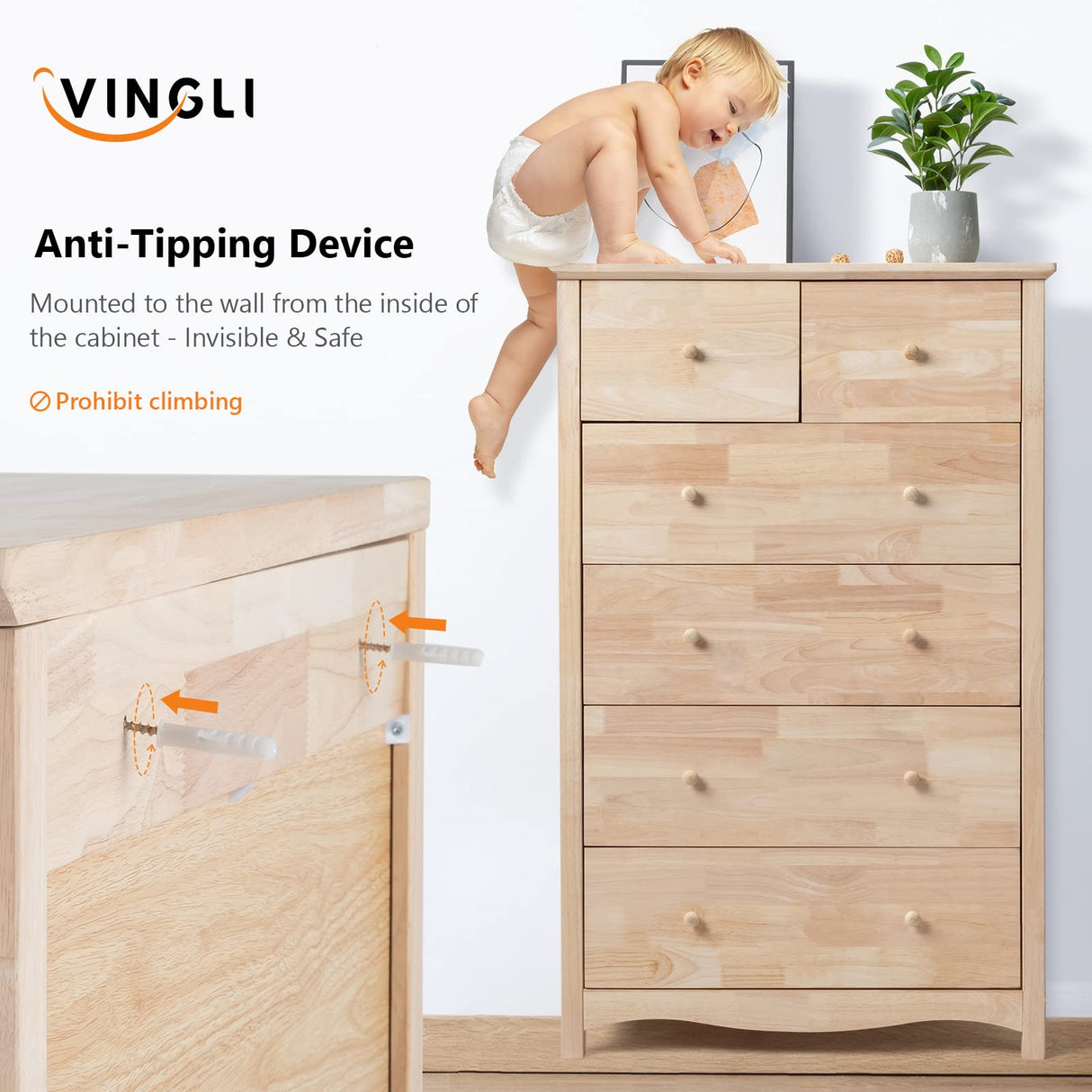 VINGLI Upgraged Unfinished 6 Drawer Dresser for Bedroom Natural Solid Wood Dresser Color DIY, Rustic Farmhouse Tall Dresser with Spacious Storage Chests of Drawers with Full Extension Drawer Slides VINGLI