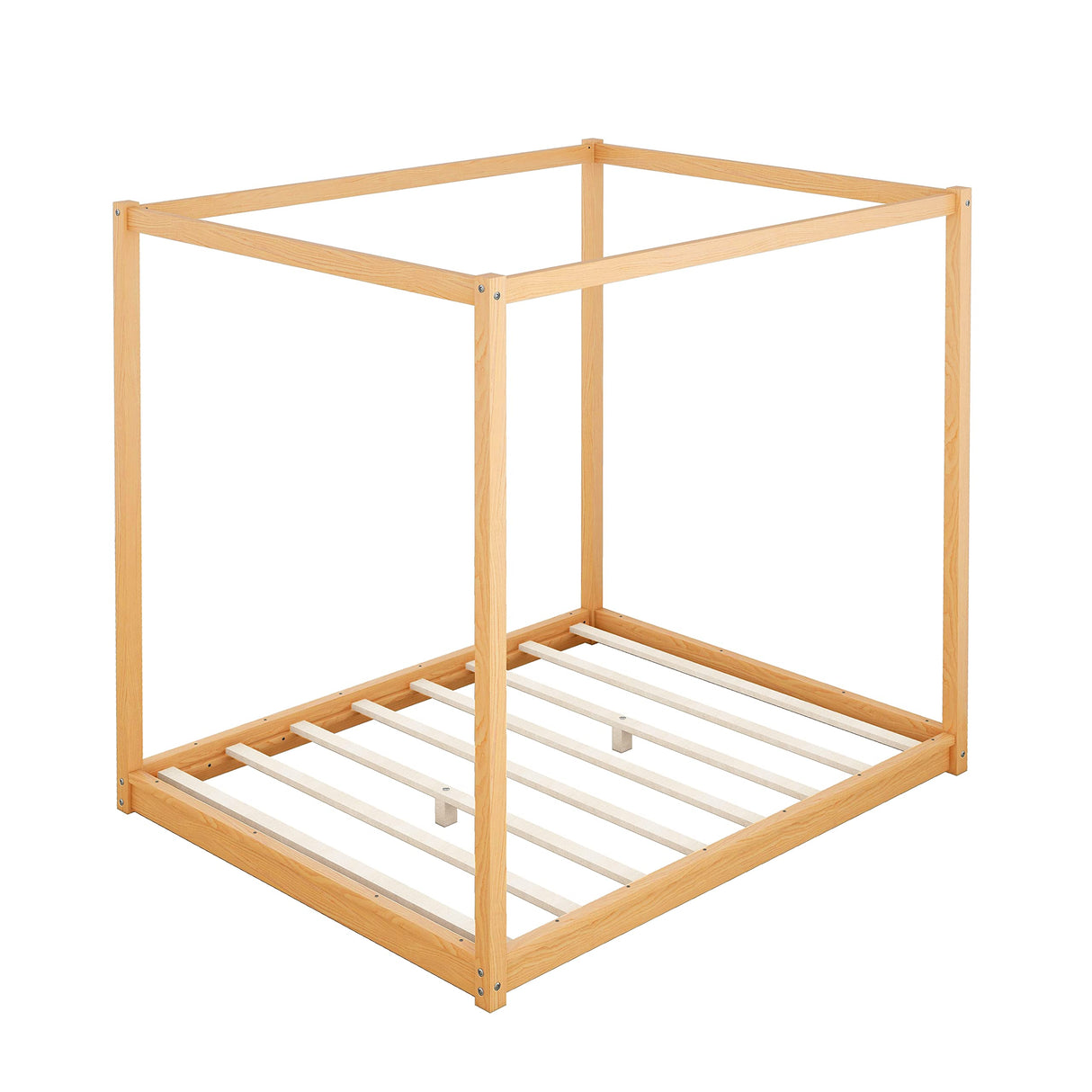 Merax Modern Queen Size Wood Canopy Bed Floor Platform Bed Frame/No Box Spring Needed/Easy Assembly, Nutural Merax