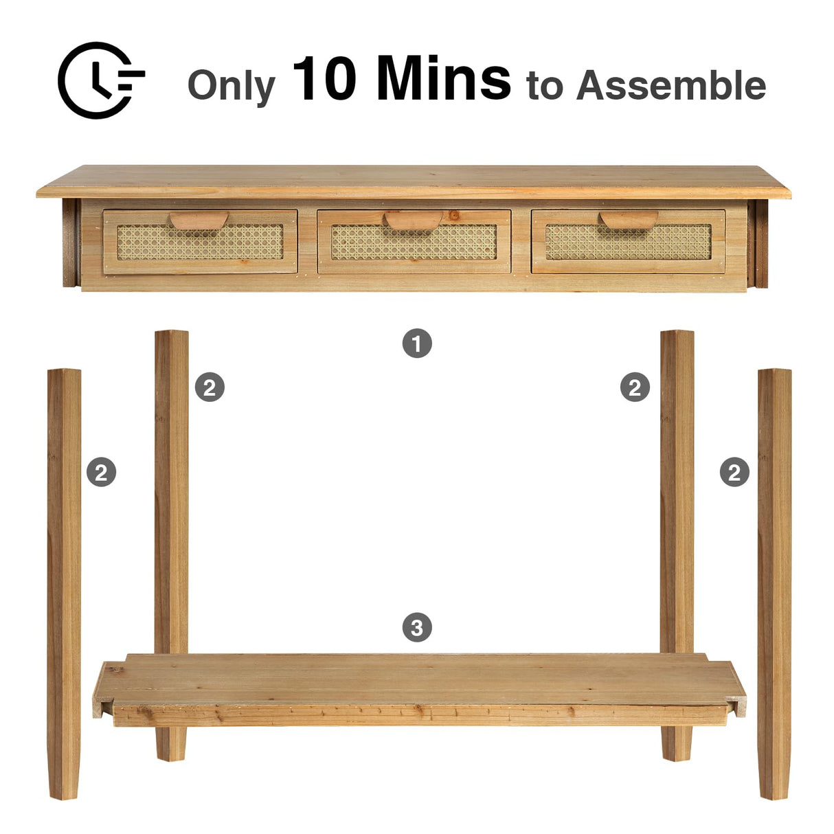 Wnutrees Farmhouse Console Table with 3 Rattan Drawers, 46" Long Narrow Boho Foyer Sofa Tables with Open Storage Shelves for Entryway,Hallway,Living Wnutrees