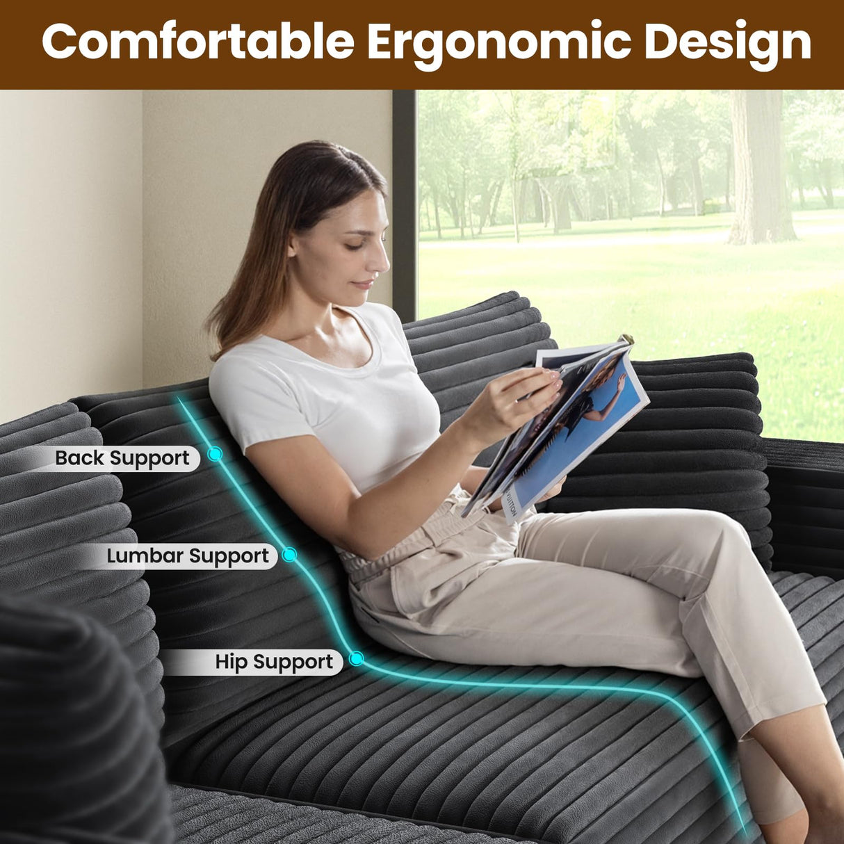 RRESTA 97" Cloud Modular Sectional Sofa, L-Shaped Couch with Left-Facing Chaise, Extra Deep-Seat Plush Corduroy, Comfy Fluffy Cushions, Side Pockets, Black, No Assembly Required, for Living Room RRESTA