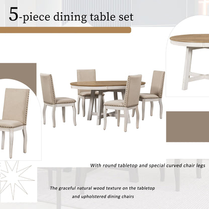 Harper & Bright Designs 5-Piece Farmhouse Dining Set with Wooden Round Extendable Dining Table and 4 Upholstered Dining Chairs, Oak Natural Wood + Antique White