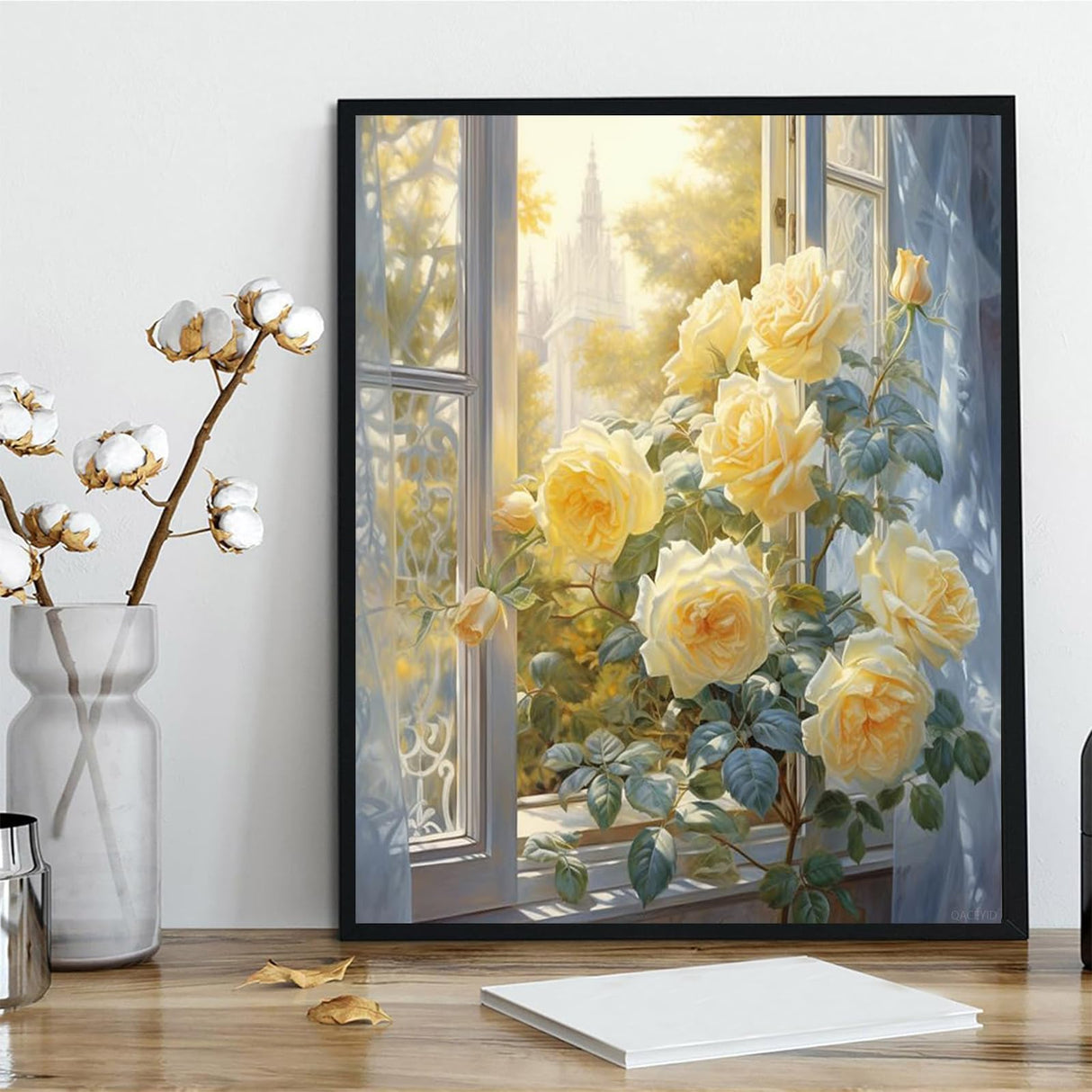 QACEYID Painting by Numbers, Delicate Yellow Roses in Front of The Window, Paint by Numbers for Gift Home Wall Decor, 40x50cm, Without Frame QACEYID