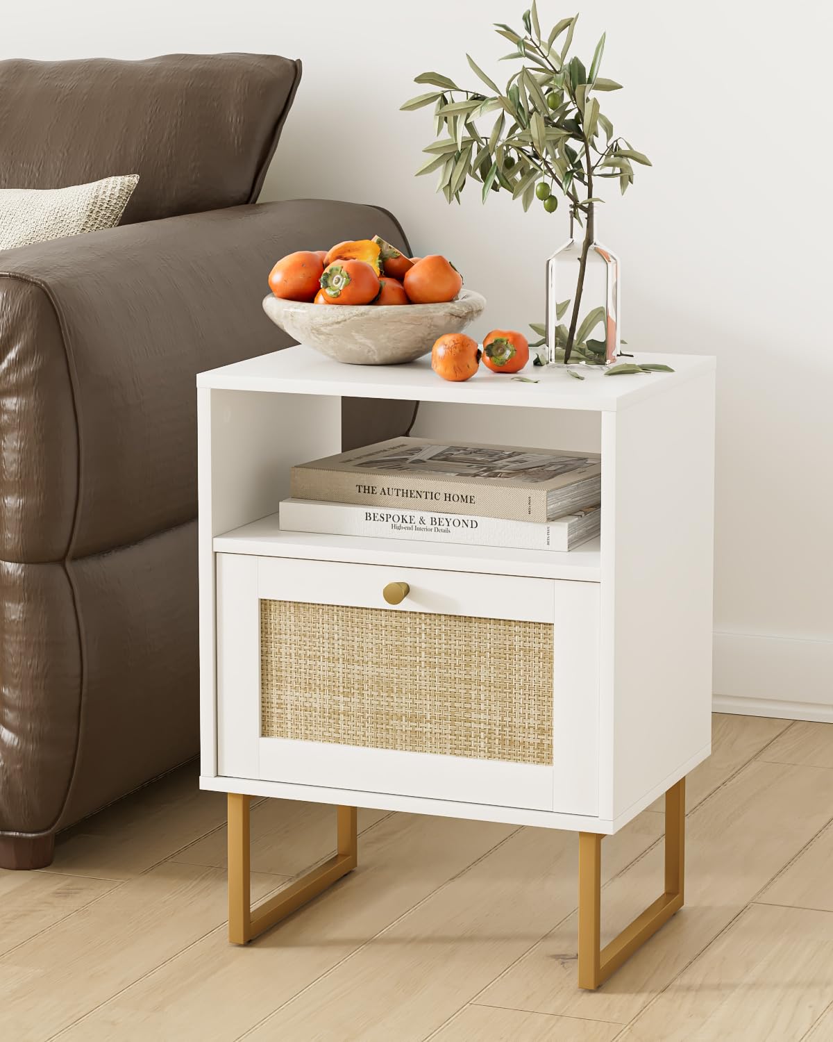 Apetaccat Rattan Nightstand, Boho Night Stand Farmhouse Wood Bedside Table with Storage and Open Shelf, End Side Accent Table for Bedroom,Living Room,White Apetaccat