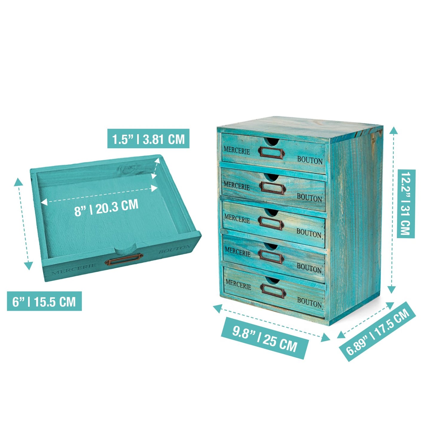 Turquoise 5-Tier Drawer Desktop Curio Cabinet - French Farmhouse Country Desk Organizer Box - Wooden Stackable Shelves - Teal Countertop Shelf w/Label Holder - 5-Level File Drawer Unit