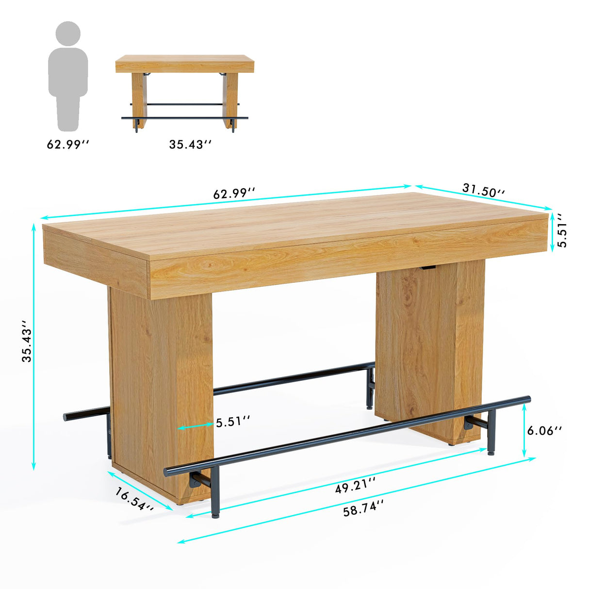 FUXJUM 63 Inch Wide Bar Table with Footrest Counter Height Pub DiningTable for 4-6 People Farmhouse Bar Unit for Home Kitch,Dining Room FUXJUM