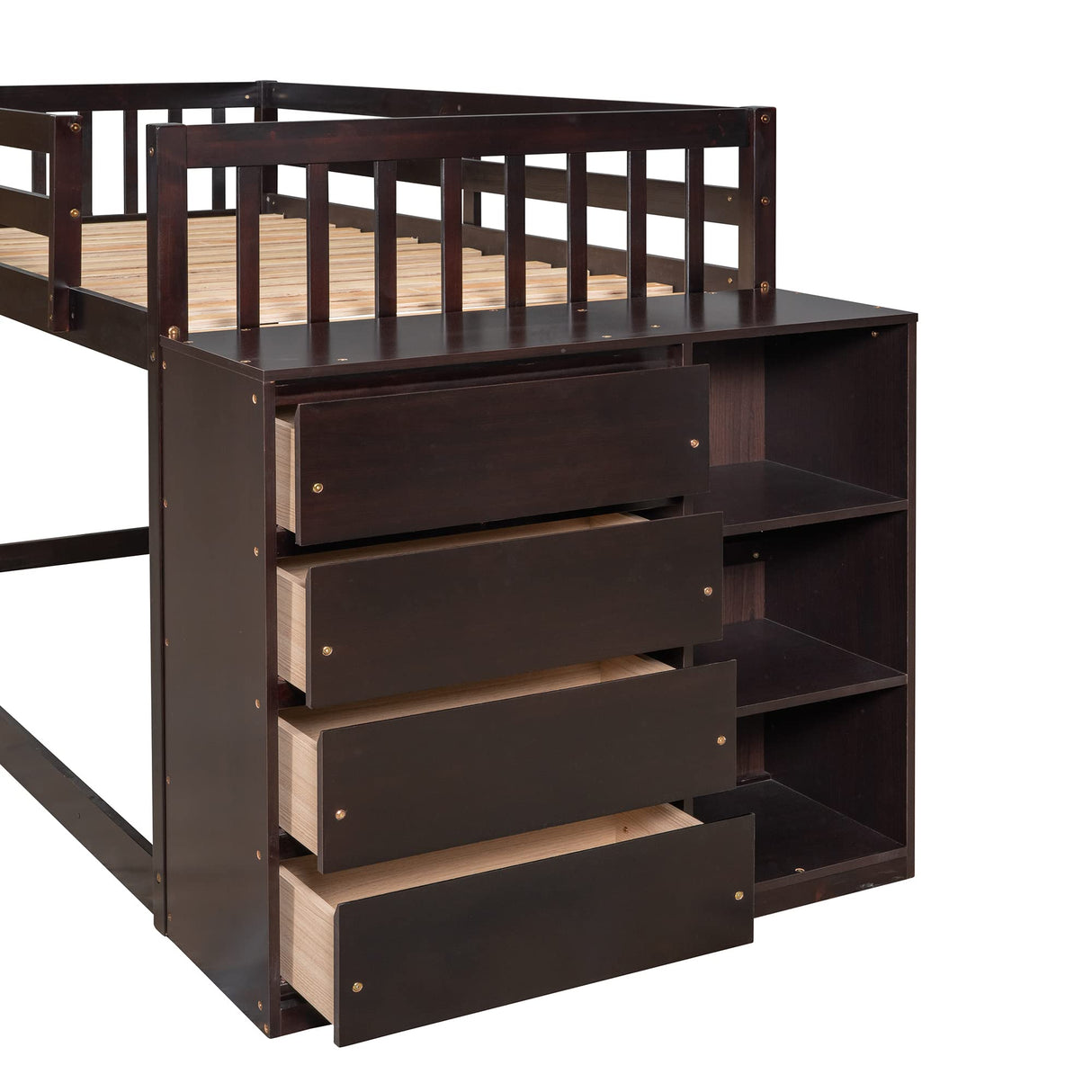 Twin Over Twin Bunk Beds with Storage, Wooden Twin Floor Bunk Beds with 4 Drawers and 3 Shelves, Low Bunk Bed Frame, Twin Loft Bed for Kids, Girls Boys, Teens, Adults (Espresso) Harper & Bright Designs