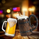 Kndatle Handmade Wooden Barrel Beer Mug, Bucket Shaped Drinkware with Handle, Stainless Steel Double Wall Cocktail Mug for Bar Restaurant, Vintage Bar Accessories (18 oz) VORAGA
