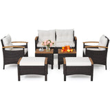 Tangkula 7 Pieces Patio Rattan Sofa Set, Outdoor Wicker Conversation Set w/Seat & Back Cushions, 2 Ottomans & 2 Coffee Tables, Acacia Wood Tabletop & Armrests, Wicker Sofa Set for Backyard, Poolside Tangkula