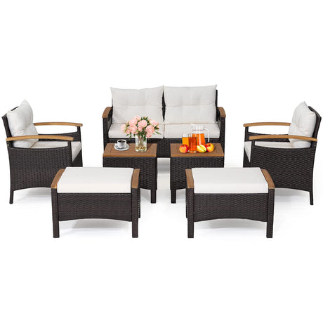 Tangkula 7 Pieces Patio Rattan Sofa Set, Outdoor Wicker Conversation Set w/Seat & Back Cushions, 2 Ottomans & 2 Coffee Tables, Acacia Wood Tabletop & Armrests, Wicker Sofa Set for Backyard, Poolside Tangkula