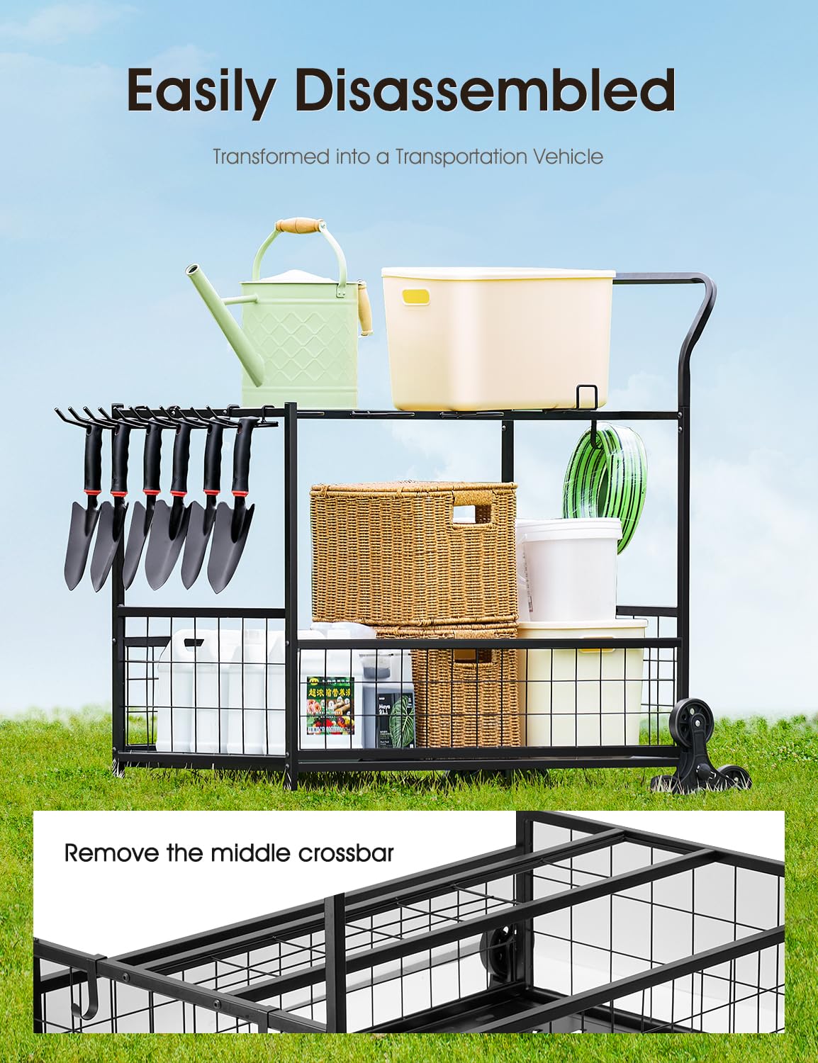 Heavy-Duty Garden Tool Organizer for Garage with 2 Stair-Climbing Wheels, Lawn & Yard Tool Storage Rack, Garage Tool Cart with Lockable Wheels, Outdoor Garden Tool Storage for Sheds SereneHome