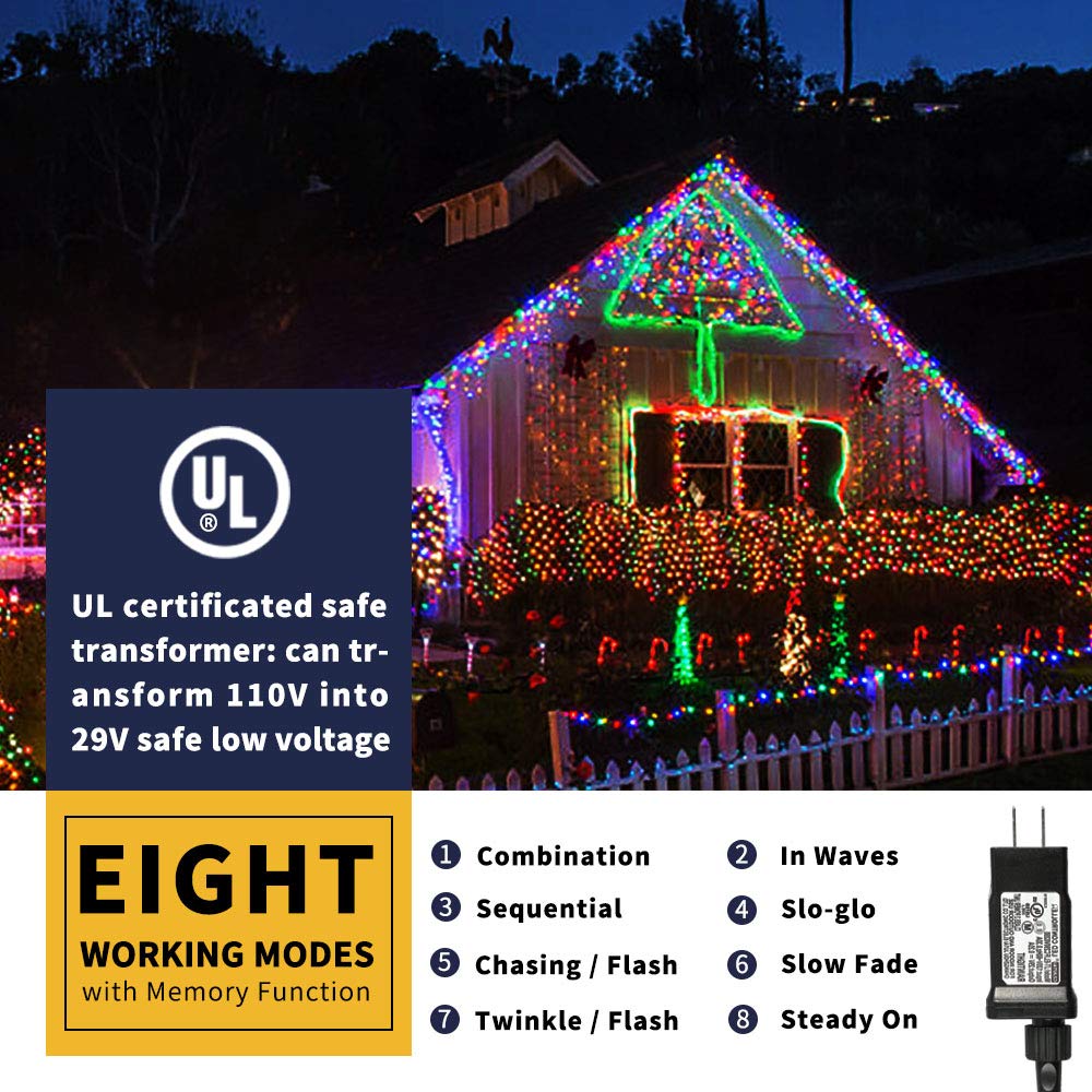 XTF2015 105ft 300 LED Christmas String Lights, End-to-End Plug 8 Modes Christmas Lights - UL Certified - Outdoor Indoor Fairy Lights Christmas Tree, Patio, Garden, Party, Wedding, Holiday (Multicolor) XTF2015