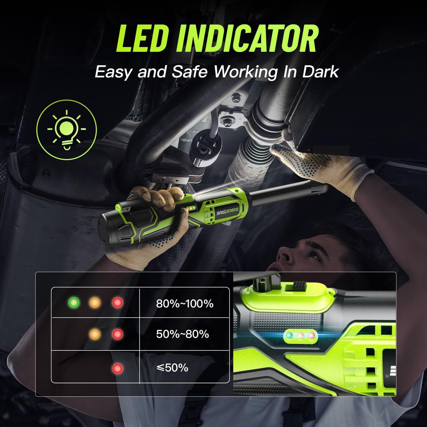 Robustrue 3/8" Cordless Ratchet Wrench, 6 inch Extended Ratchet Wrench, 40Ft-lbs 400RPM Cordless Ratchet, 2 Batteries Power Electric Ratchet Driver with Variable Speed, 7 Sockets, LED Light - WoodArtSupply