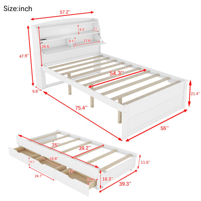 MERITLINE LED Platform Bed with Trundle, Drawers, and Bookcase Headboard - White Full Size Frame with USB Ports - WoodArtSupply