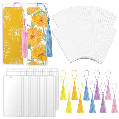 SBYURE 50 Sets Blank Bookmarks Cardstock with Tassels PVC Tags Clear Bookmark Sleeves Bookmark Kit with Hole for DIY Classroom Projects Gifts Tags,Wedding Graduation Craft DIY Projects Party Favor SBYURE