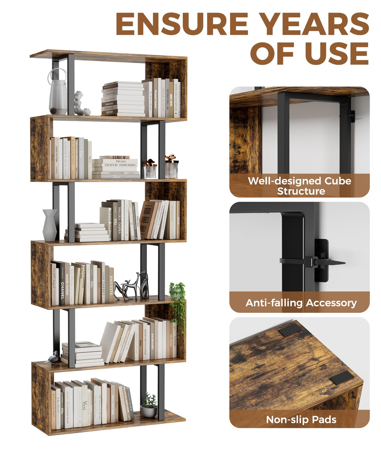 Gadroad 6 Tier Geometric Bookcase,S Shaped Bookshelf, Wood Decorative Storage Shelving, Modern Freestanding Display Shelves, Tall Book Shelf Unit for Living Room Bedroom, Rustic Brown Gadroad