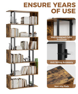 Gadroad 6 Tier Geometric Bookcase,S Shaped Bookshelf, Wood Decorative Storage Shelving, Modern Freestanding Display Shelves, Tall Book Shelf Unit for Living Room Bedroom, Rustic Brown Gadroad