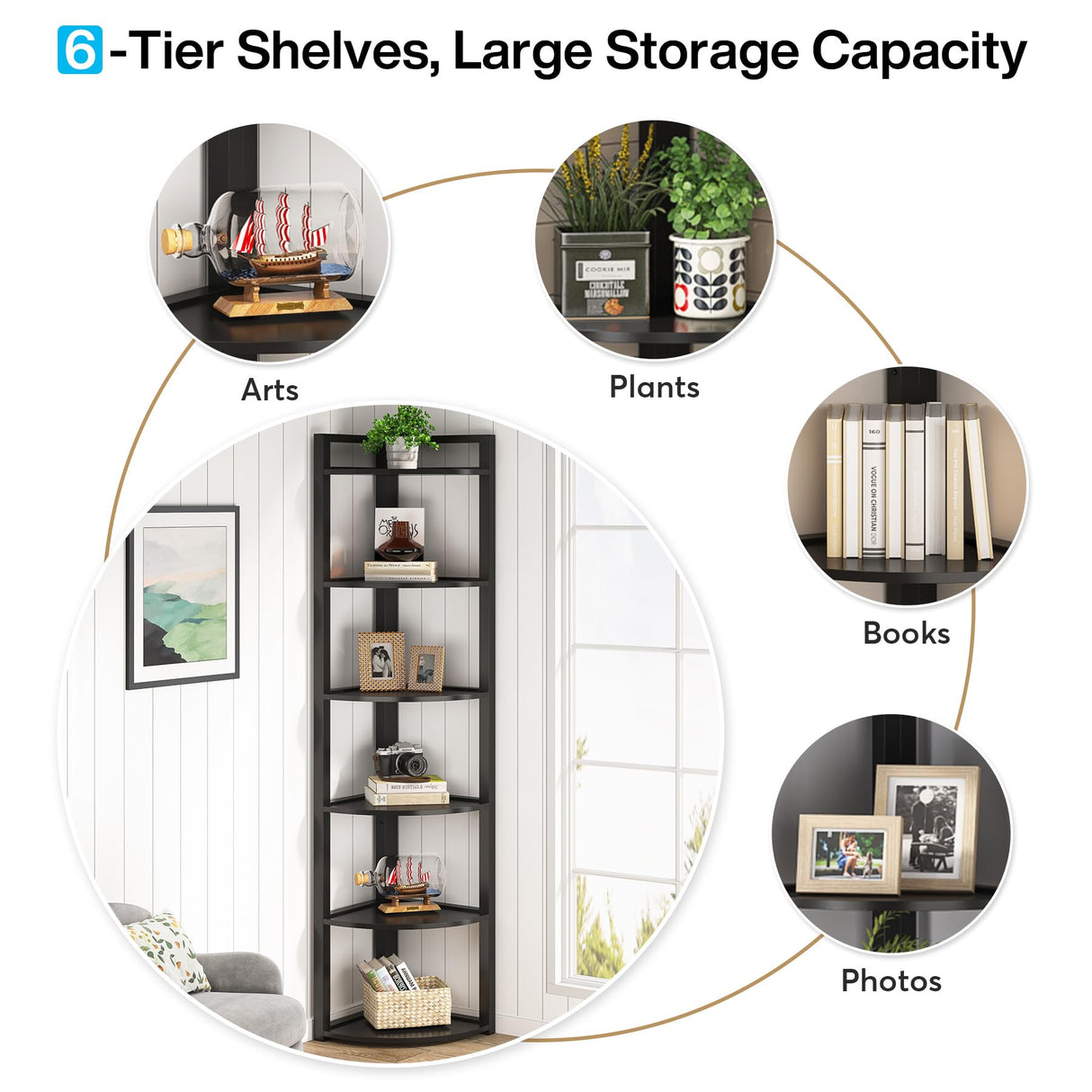 Tribesigns 6 Tier Corner Shelf, 70.9 Inch Tall Corner Bookshelf Small Bookcase Modern Corner Shelving Unit Storage Rack for Living Room, Home Office, Kitchen, Small Space (Black) Tribesigns