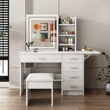 Leavader White Vanity Desk Set - 43.3" Large Vanity Table with Sliding Lighted Mirror in 3 Colors & 5 Drawers & Retractable Rack, Dressing Table Makeup Desk with Stool Set Leavader