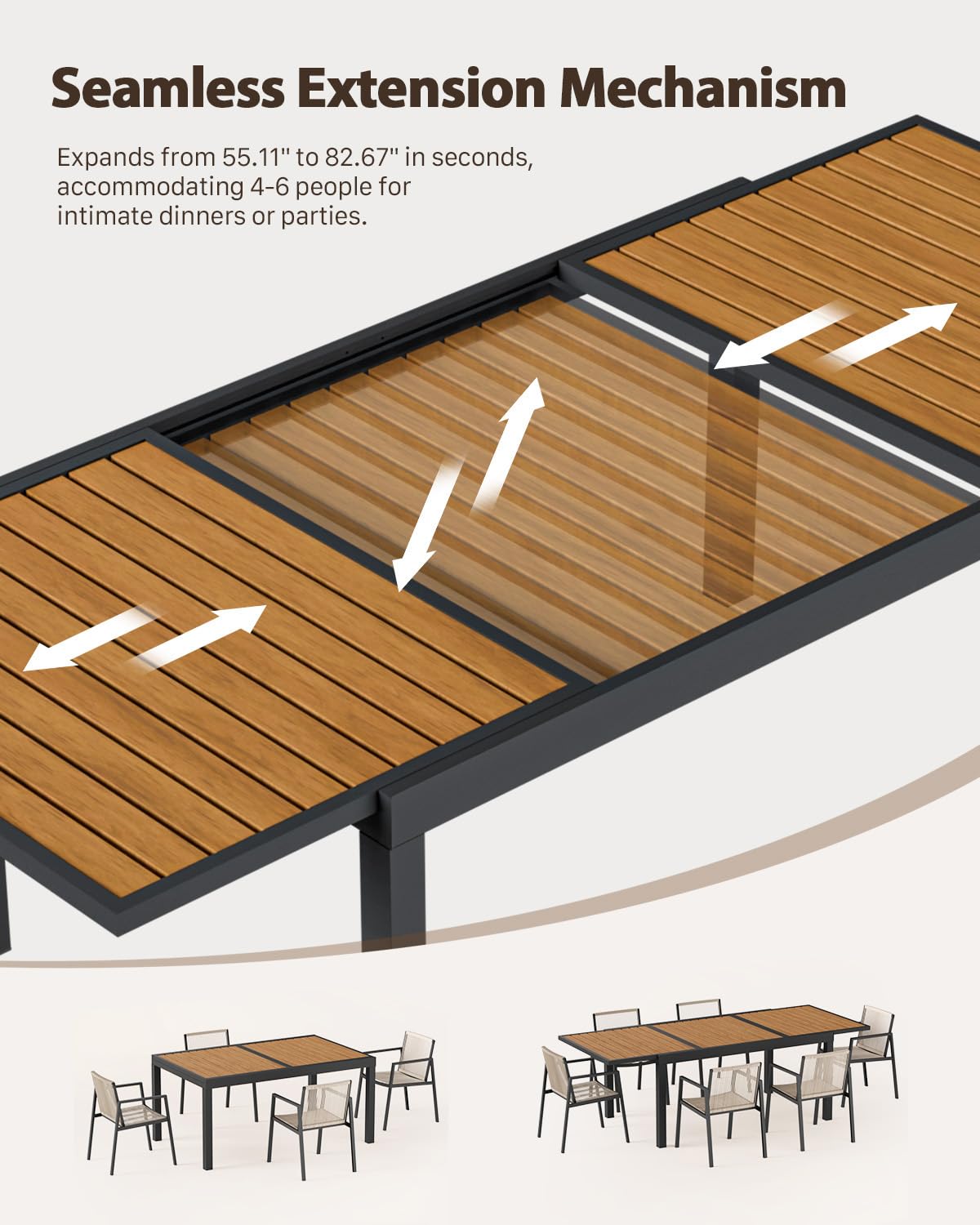 ZANDOR Expandable Outdoor Dining Set for 4-6-8,Patio Table and Chairs Set with Wood Top for Garden,Backyard,Porch,55"-82.7" Extendable Aluminum Outdoor Table Set with 4 Chairs,Grey ZANDOR