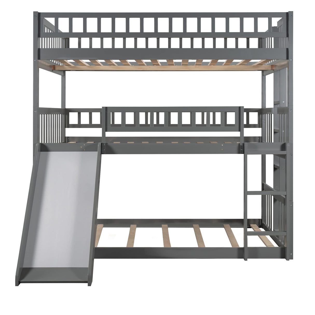 Harper & Bright Designs Triple Bunk Beds with Slide ，Wooden Bunk beds Full Over Full Over Full ，Floor Triple Bunk Bed with Ladder & Guardrails for Kids/Teens/Adults,Can be Convertible to 3 Beds,Grey Harper & Bright Designs