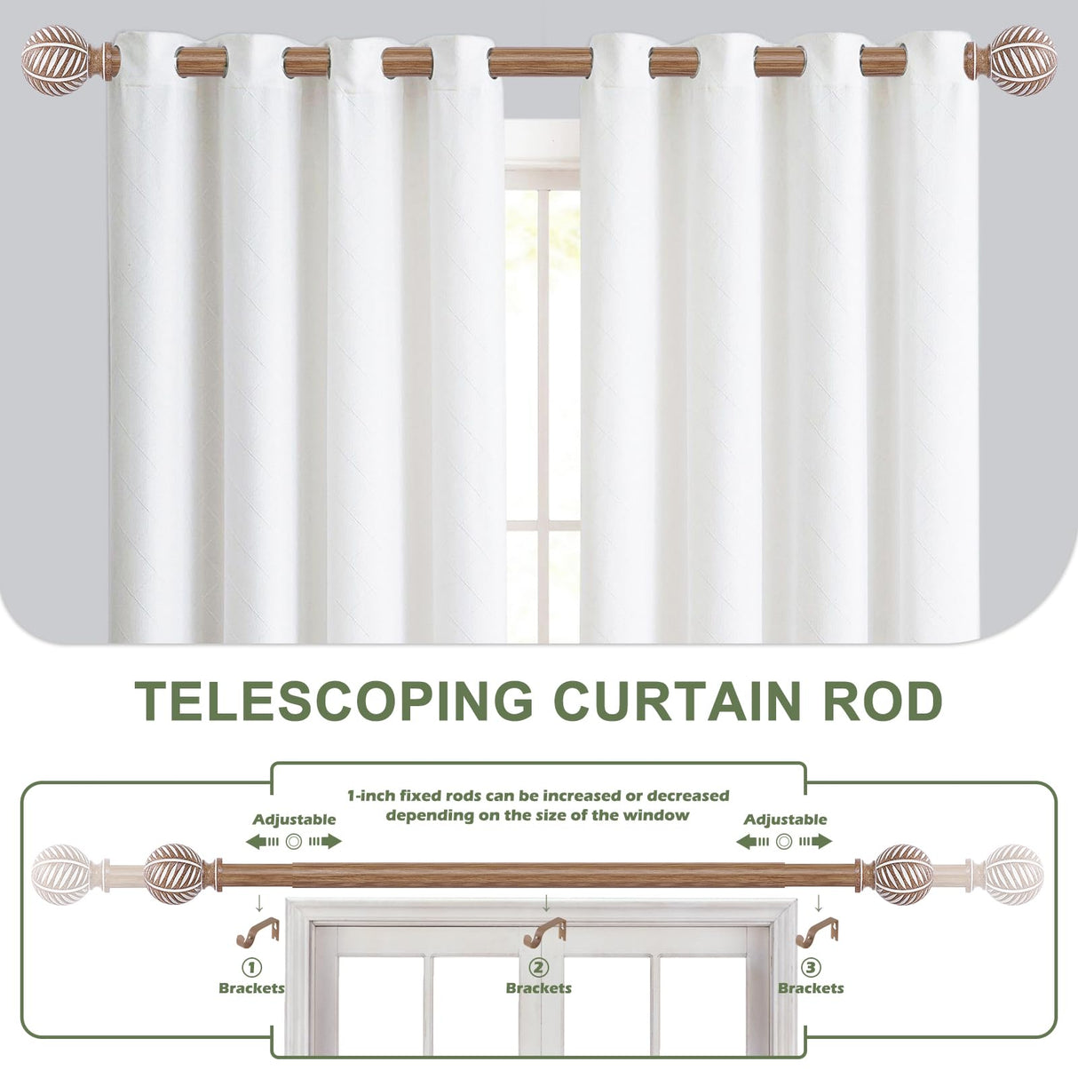 HTZON Wood Curtain Rods 48 to 84 Inch,1 Inch Boho Adjustable Curtain Rod,Imitation Wood Grain Leaf Decorative Window Curtain Rods,Farmhouse Rustic Heavy Duty Curtain Rods,Brown Drapery Rods 36-88" HTZON