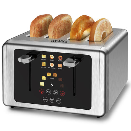 whall 4 Slice Touch Screen Toaster, Stainless Steel Toasters Digital Timer, Dual Control Panel Toasters，6 Shade Settings＆6 Bread Types, Smart Wide Slots, Bagel, Cancel, Defrost, Flat lever Stainless whall